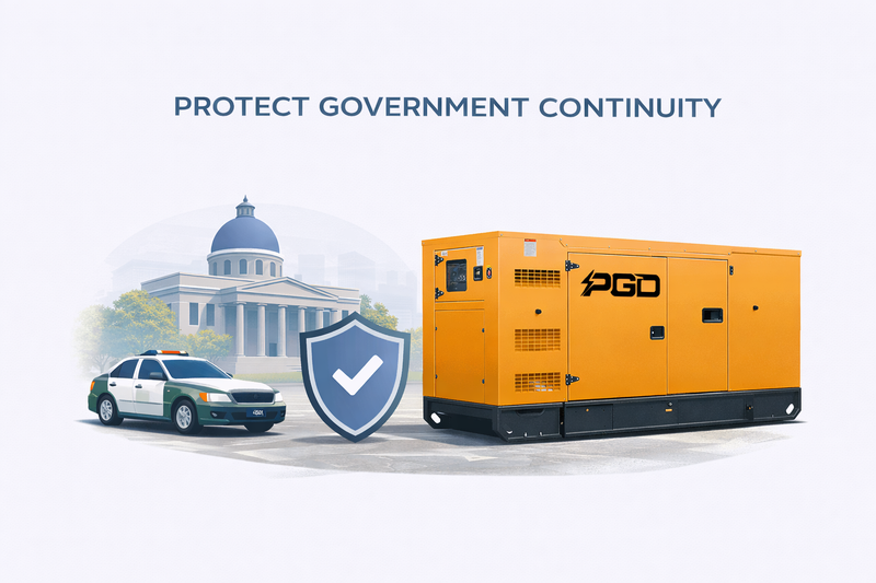 Orange generator with 'PGD' branding, police car, and shield icon on a light blue background with text 'Protect Government Continuity'.