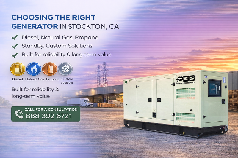 Generator with promotional text and contact information against a colorful sky.