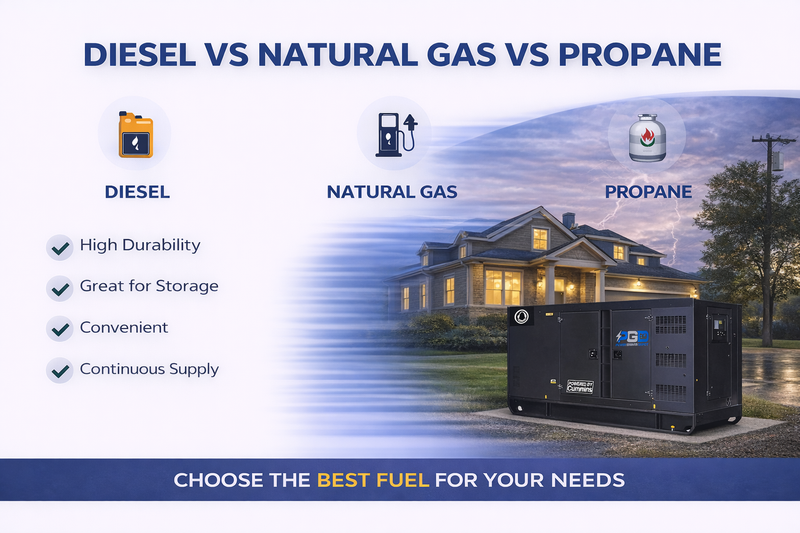 Comparison chart of diesel, natural gas, and propane generators with a house in the background.