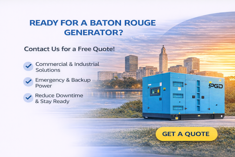 Advertisement for a Baton Rouge generator with a blue generator in front of a city skyline.