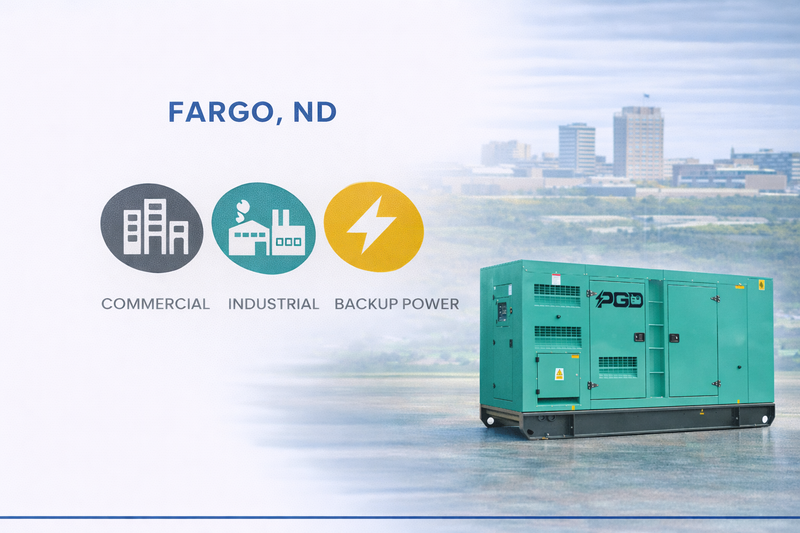 Generator with 'Fargo, ND' text and icons for commercial, industrial, and backup power on a cityscape background.