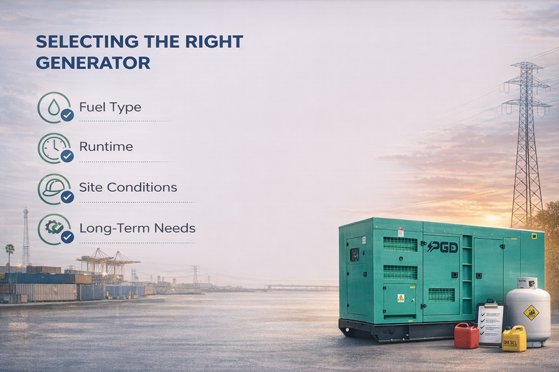 Generator with selection criteria for fuel type, runtime, site conditions, and long-term needs on a blurred industrial background.