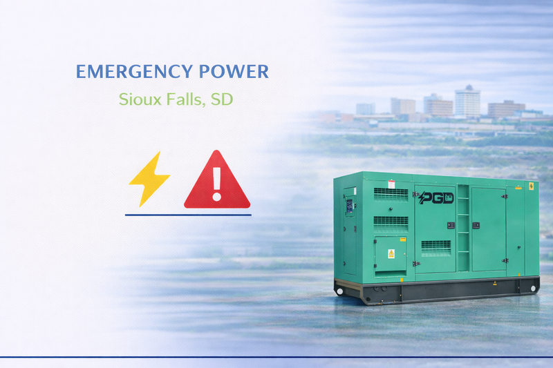 Green generator with warning symbols and 'Emergency Power' text on a blue background