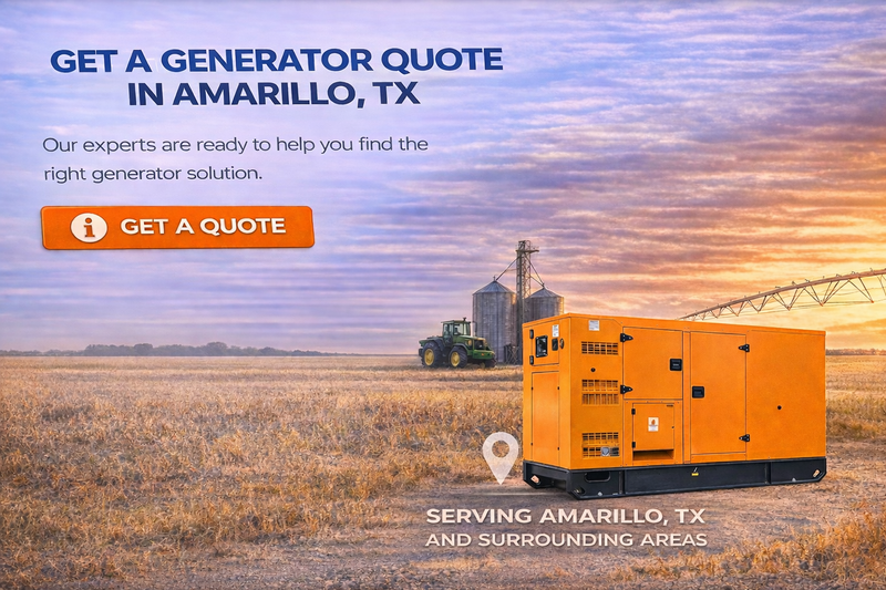 Generator in a field with a scenic background and text about getting a quote in Amarillo, TX.