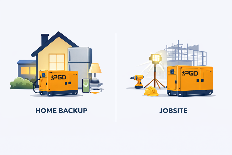 Illustration of a home backup system and jobsite setup with XPOD equipment.