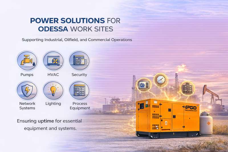 Power solutions for Odessa work sites with a generator and icons on a blurred background.