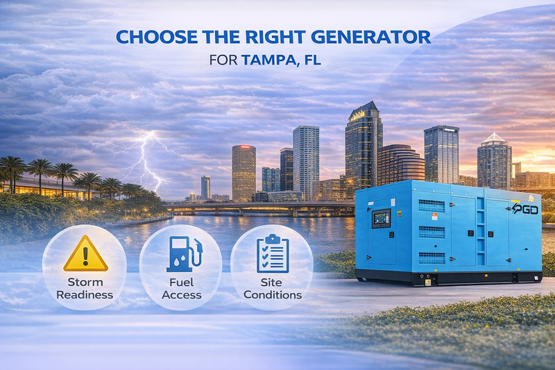 Generator with city skyline and waterfront, featuring storm readiness, fuel access, and site conditions icons.