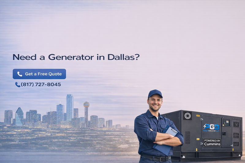 Man standing next to a generator with Dallas skyline in the background