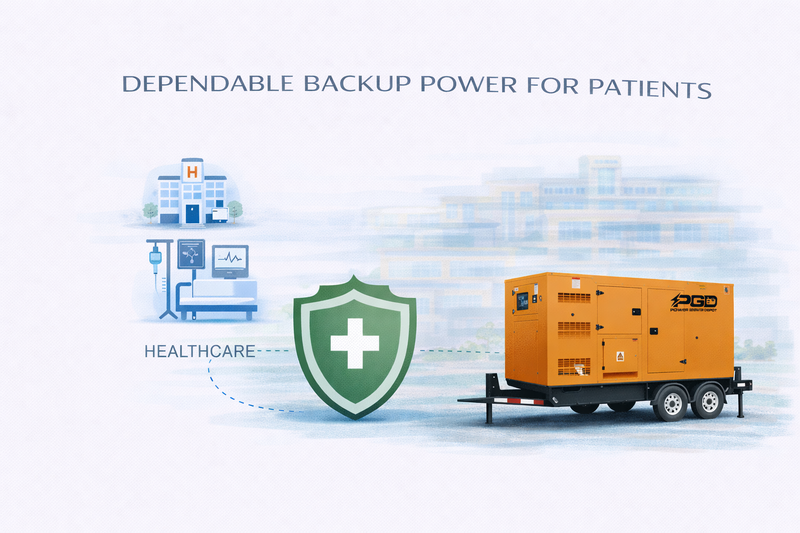 Generator with healthcare icons and text about dependable backup power for patients on a light blue background.
