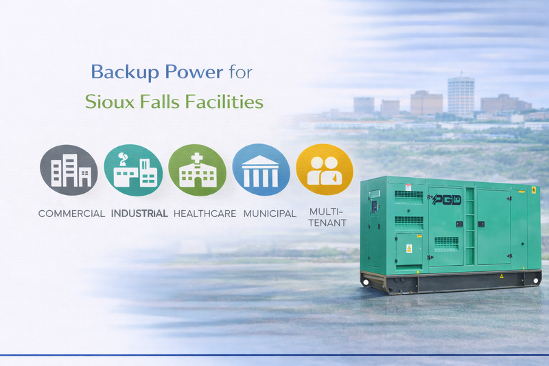 Generator with 'Backup Power for Sioux Falls Facilities' text and icons on a cityscape background.