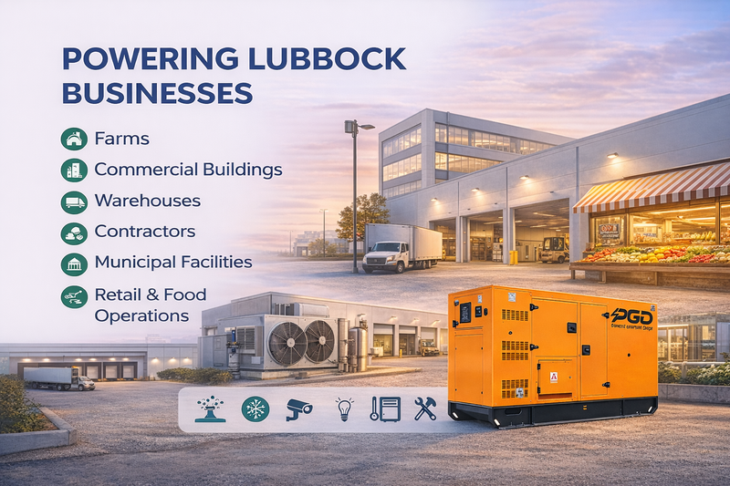 Orange generator with 'P&G' branding in front of a building with 'Powering Lubbock Businesses' text.