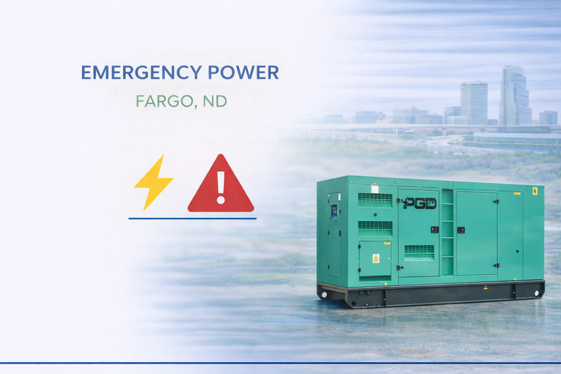 Green emergency power generator with warning symbols and city skyline in the background