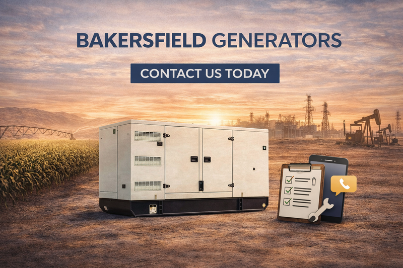 Generator in a field with 'Bakersfield Generators' text and contact information.