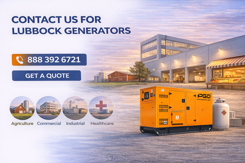 Orange generator with PGD branding in front of a building, promotional text for Lubbock generators.