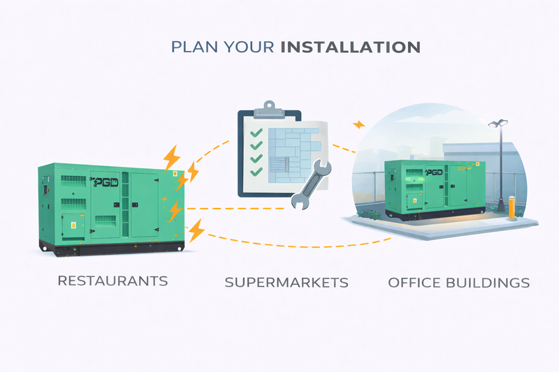 Diagram showing generators for restaurants, supermarkets, and office buildings with a plan on a clipboard.
