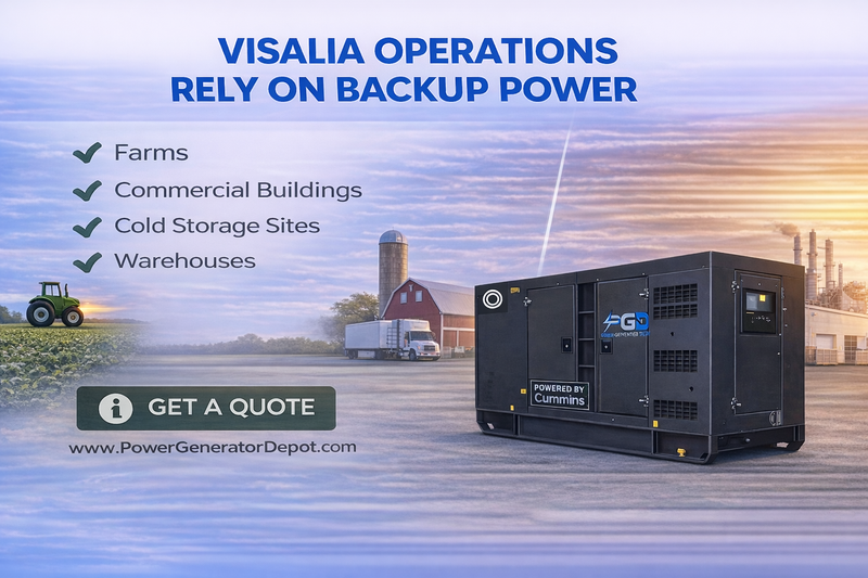 Generator with text about Visalia operations relying on backup power, farms, commercial buildings, cold storage sites, and warehouses.