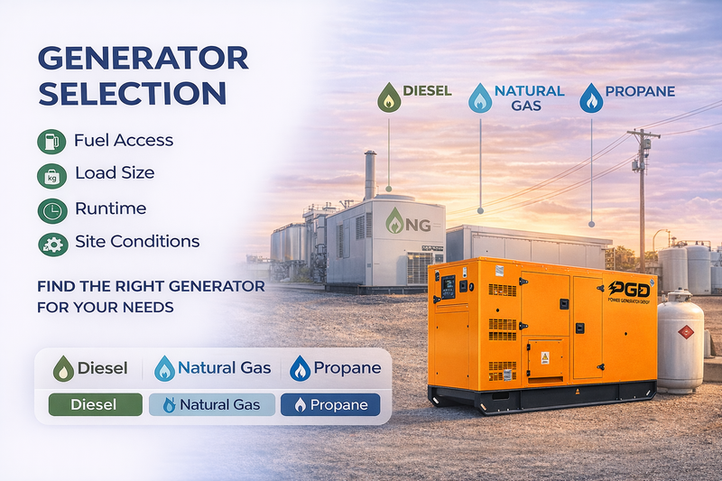 Generator selection guide with options for diesel, natural gas, and propane, featuring an orange generator.
