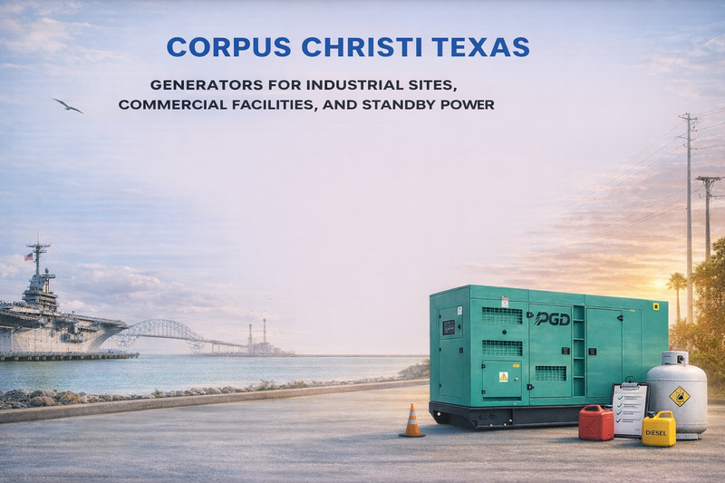 Generator for industrial sites with Corpus Christi, Texas text and PGD logo.