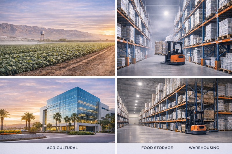 Collage of agricultural field, warehouse with forklift, office building, and warehouse interior.