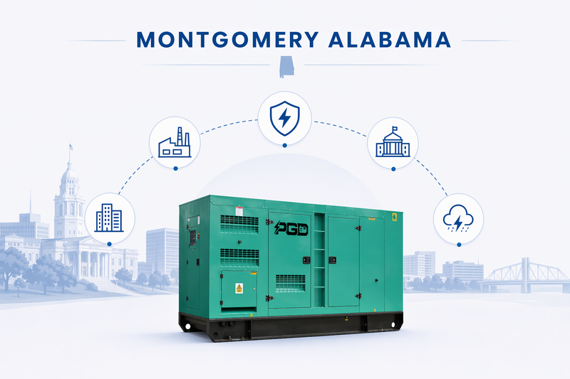 Green generator with 'P&G' branding in front of a cityscape with icons and 'Montgomery Alabama' text.