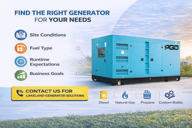 Blue generator with options for site conditions, fuel type, runtime expectations, and business goals on a scenic background.