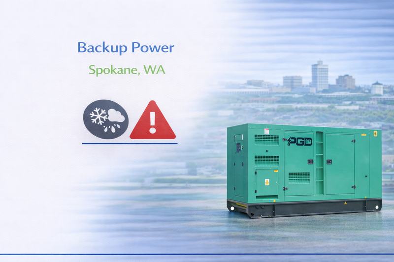 Green generator with 'Backup Power' text and icons on a cityscape background