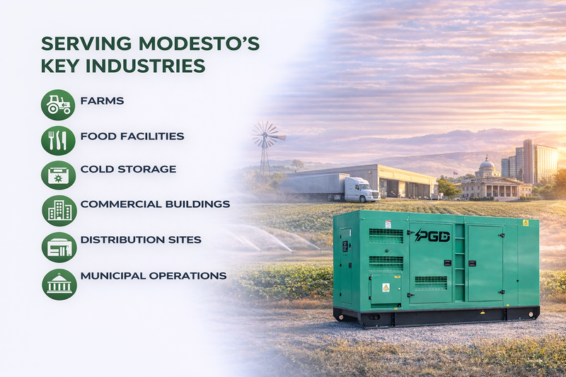 Green generator with text about serving Modesto's key industries on a scenic background.