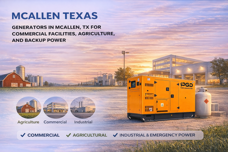 Generator in McAllen, TX with text about commercial, agricultural, and industrial power solutions.