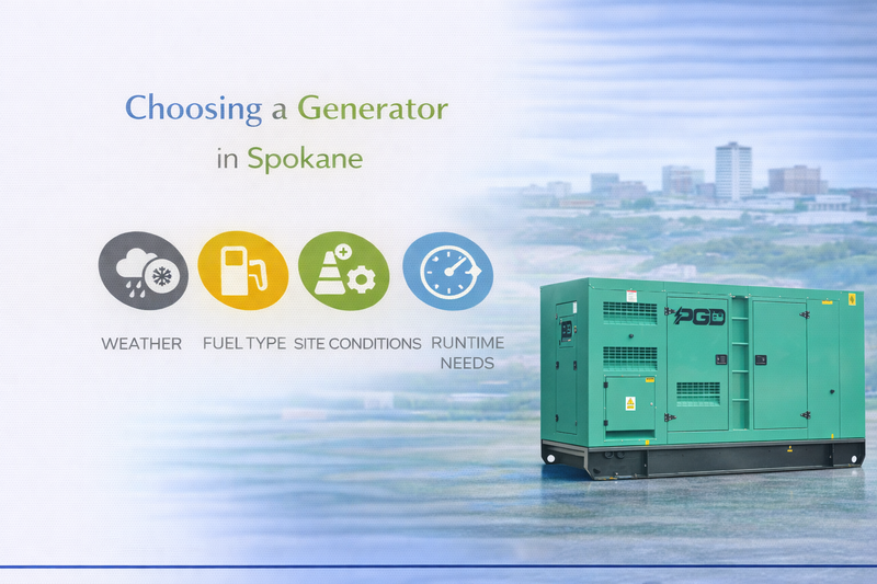 Advertisement for choosing a generator in Spokane with a green generator on a cityscape background.