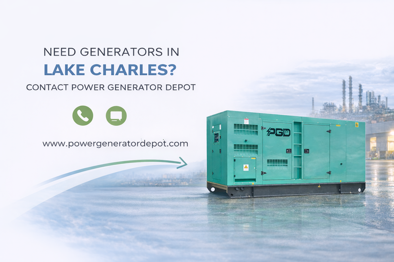 Advertisement for Power Generator Depot with a green generator in front of an industrial building.