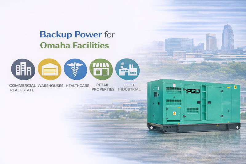 Green generator with cityscape background and text about backup power for Omaha facilities.