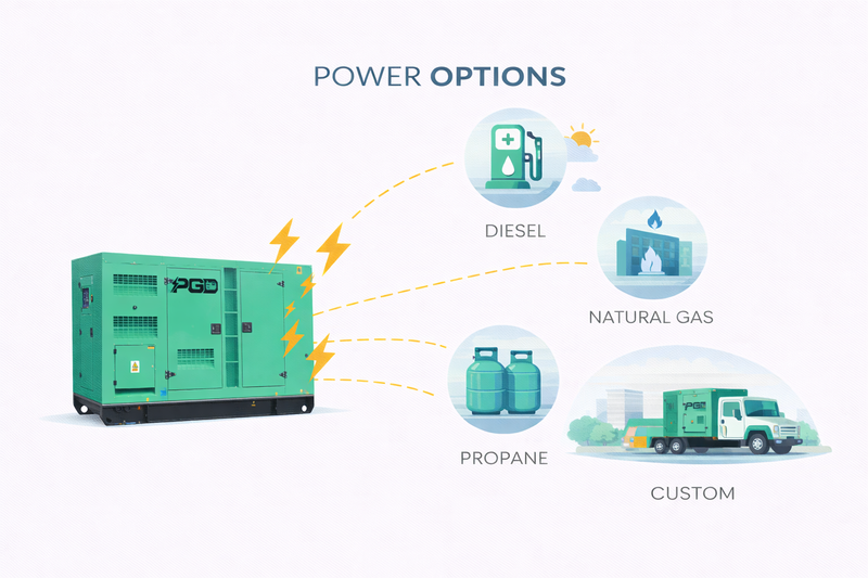 Power generation options including diesel, natural gas, propane, and custom solutions with a green generator.