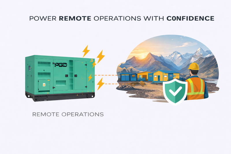 Generator with 'PGD' branding and text 'Power Remote Operations with Confidence' over a scenic mountain landscape with a construction site.
