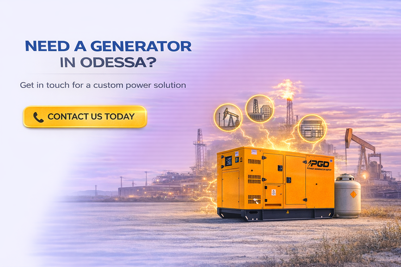 Generator with contact information for Odessa, featuring a scenic background.