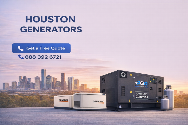 Houston Generators advertisement with generators and city skyline in the background