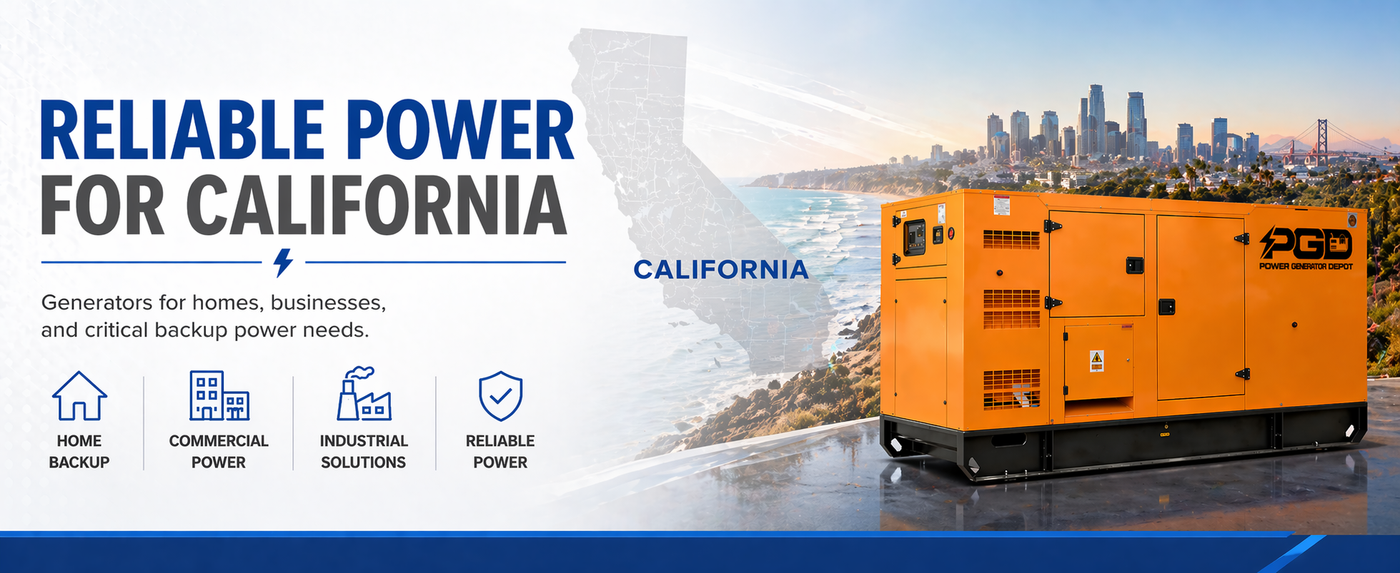 Orange generator with 'PGD' branding on a scenic background with 'Reliable Power for California' text.