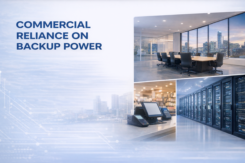 Collage of office interior, computer setup, and server room with text 'Commercial Reliance on Backup Power'.