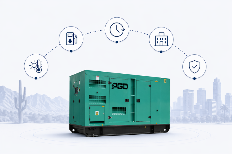 Green generator with icons and a cityscape in the background