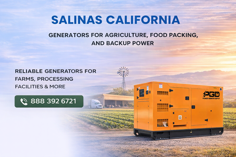 Orange generator with 'PGD' branding on a scenic background in Salinas, California.
