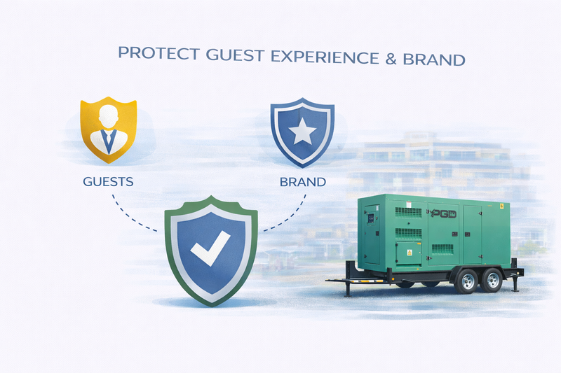 Diagram showing 'Guests' and 'Brand' protected by a green generator truck, symbolizing safeguarding guest experience and brand.
