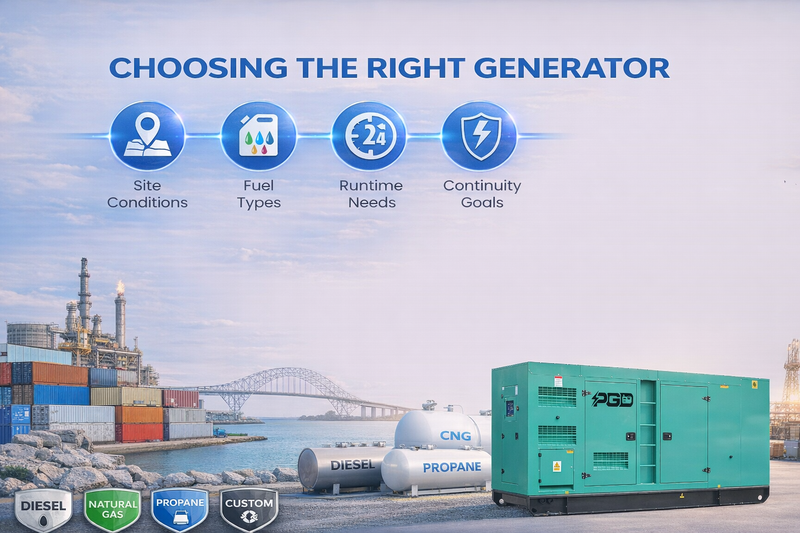 Generator with fuel tanks and industrial background with text 'Choosing the Right Generator'.