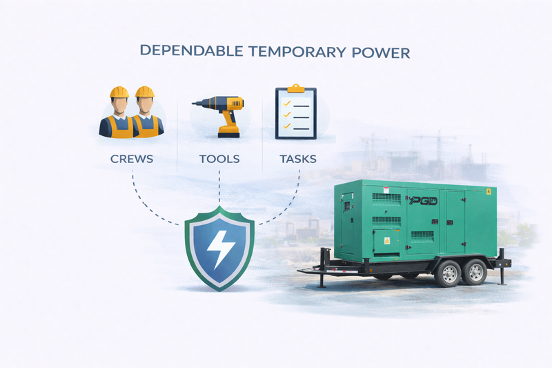 Green generator with icons of workers, tools, and tasks on a white background