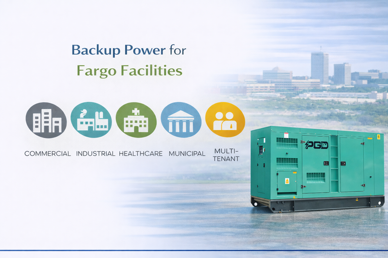 Generator set with cityscape background and text about backup power for Fargo facilities.
