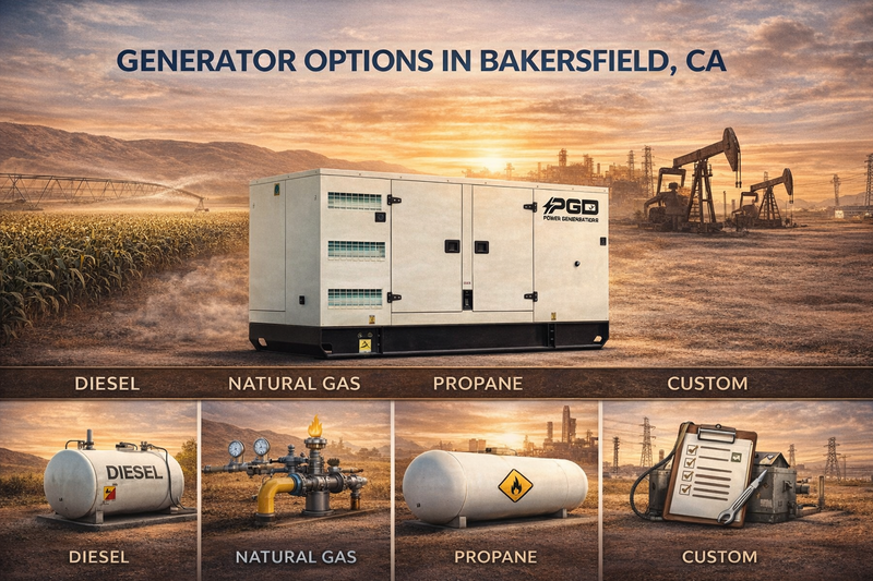 Advertisement for generator options in Bakersfield, CA with a PGD generator and fuel storage tanks.