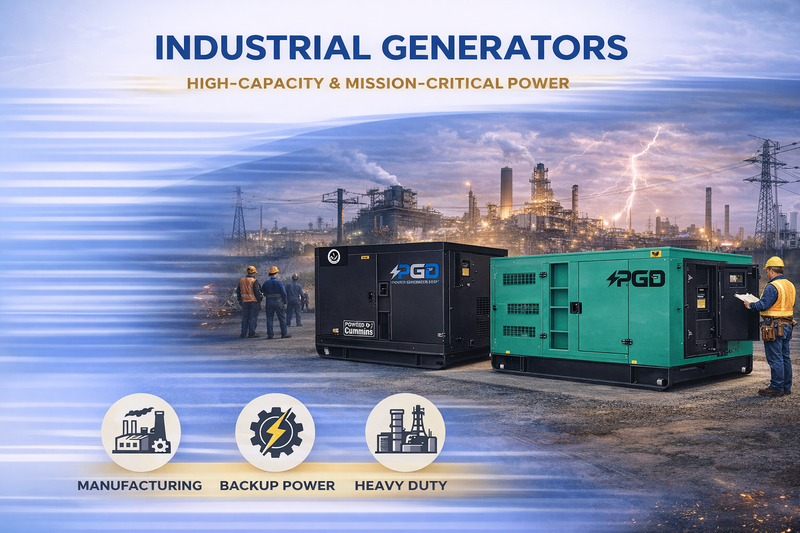 Two industrial generators with a factory and power lines in the background, labeled 'PGD'.