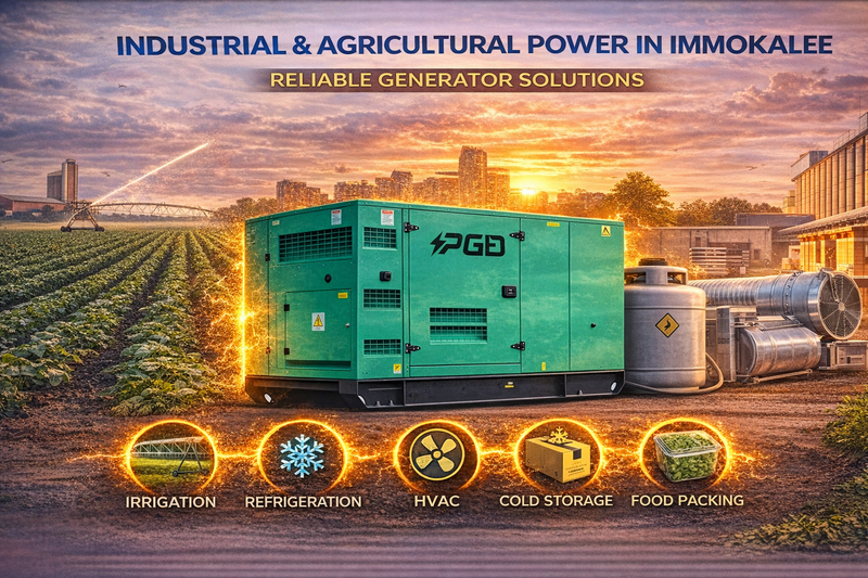 Generator in a field with text about industrial and agricultural power solutions.