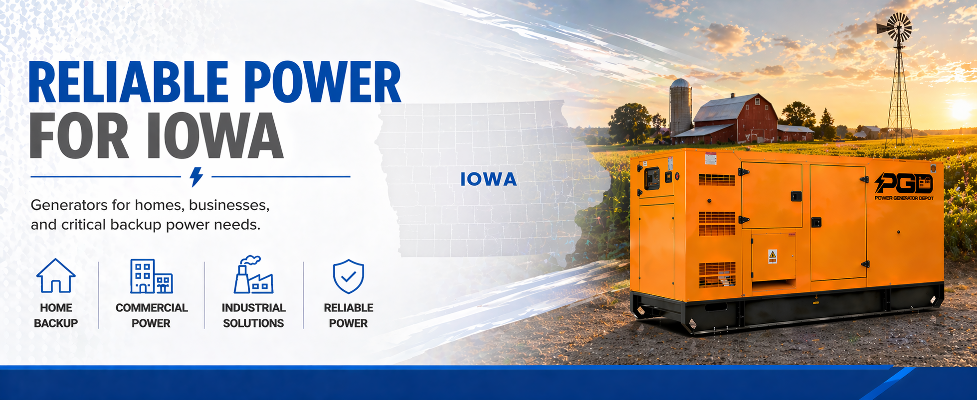 Generator with text 'Reliable Power for Iowa' and 'Iowa' branding on a scenic background.