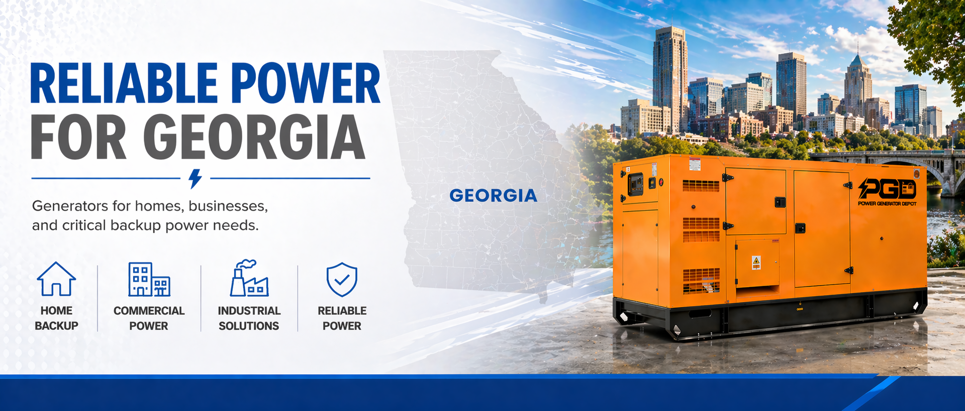 Generator with 'Reliable Power for Georgia' text and cityscape in the background
