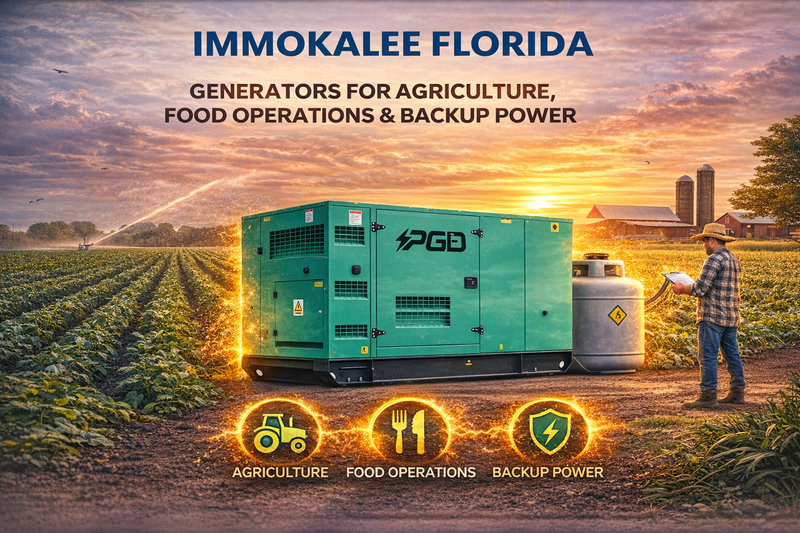 Generator for agriculture, food operations, and backup power in Immokalee, Florida with a farmer in the background.