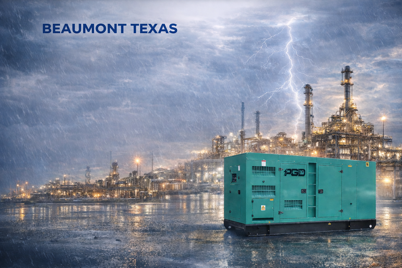 Generator in front of an oil refinery with lightning in the sky, labeled 'Beaumont Texas'.